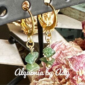Alquimia Gold Hoops with Green jade Stones